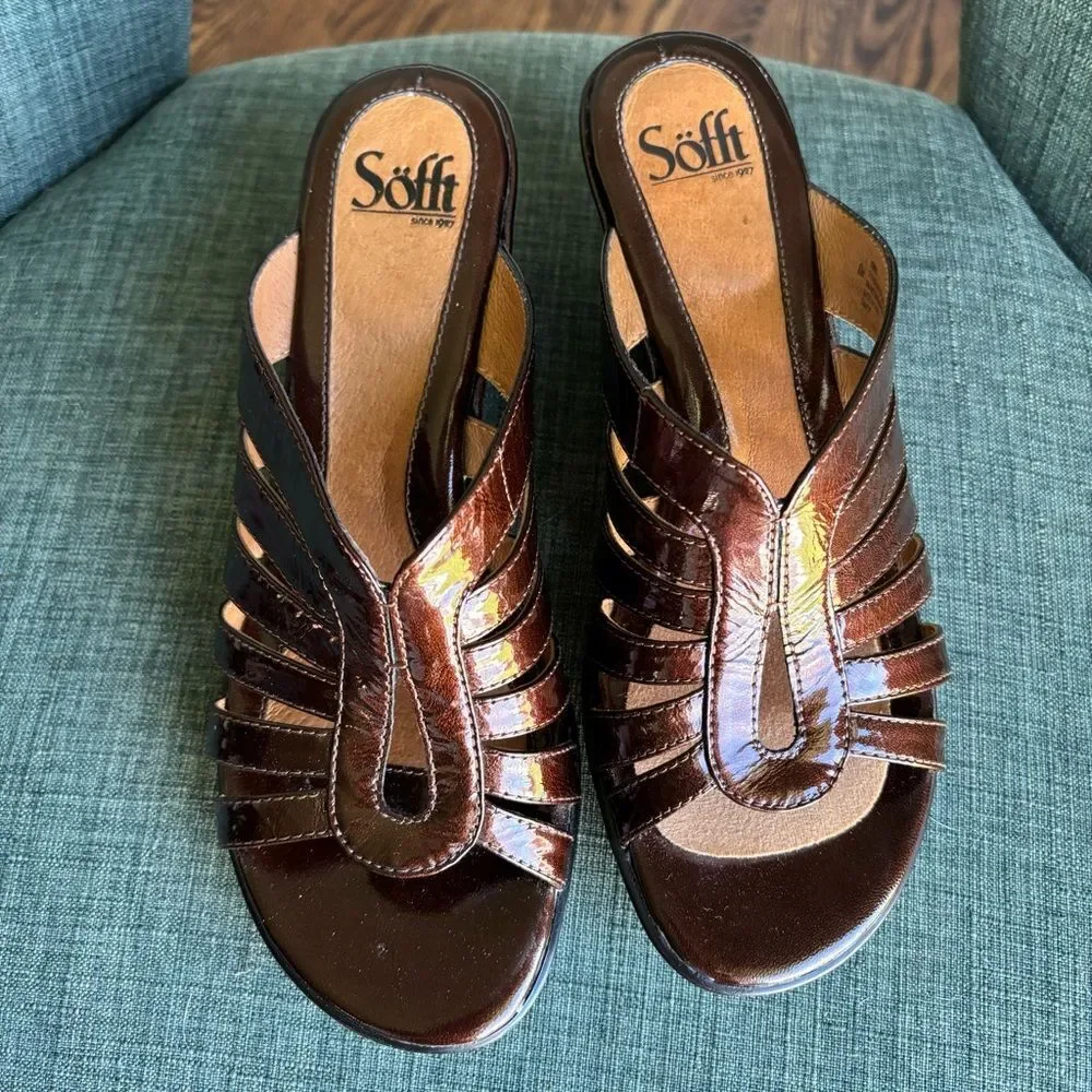 Sofft Women’s shiny leather brown wedge heel light weight comfortable size 8 EUC